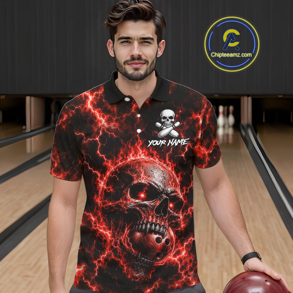 Mens Red Skull Bowling Shirts Custom Thunder Lightning Bowling Team Jerseys, Bowling Gifts NYN4172