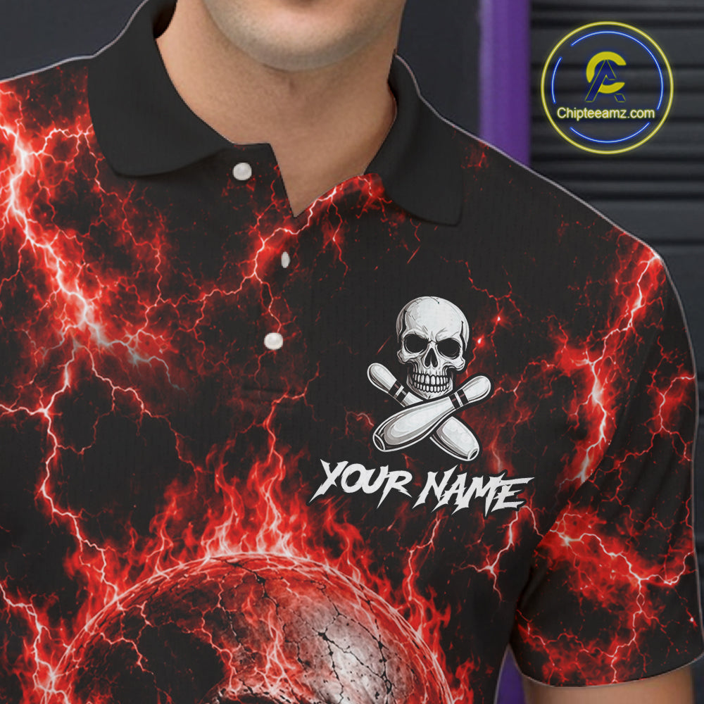Mens Red Skull Bowling Shirts Custom Thunder Lightning Bowling Team Jerseys, Bowling Gifts NYN4172
