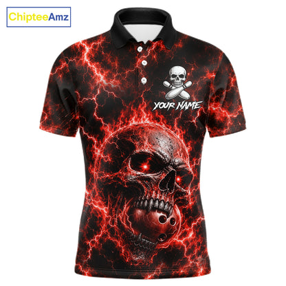 Mens Red Skull Bowling Shirts Custom Thunder Lightning Bowling Team Jerseys, Bowling Gifts NYN4172