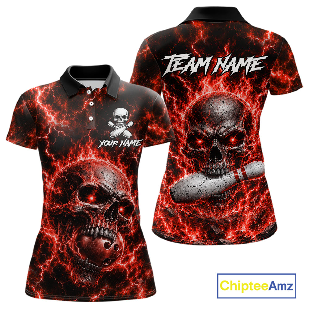 Womens Red Skull Bowling Shirts Custom Thunder Lightning Bowling Team Jerseys, Bowling Gifts NYN4172
