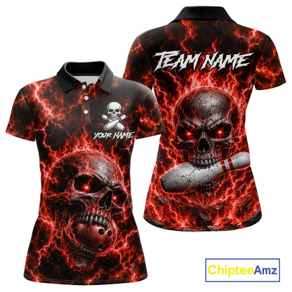 Womens Red Skull Bowling Shirts Custom Thunder Lightning Bowling Team Jerseys, Bowling Gifts NYN4172