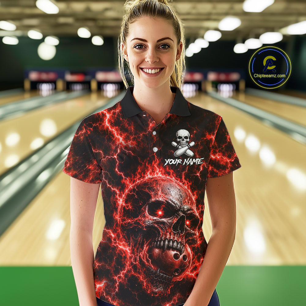 Womens Red Skull Bowling Shirts Custom Thunder Lightning Bowling Team Jerseys, Bowling Gifts NYN4172