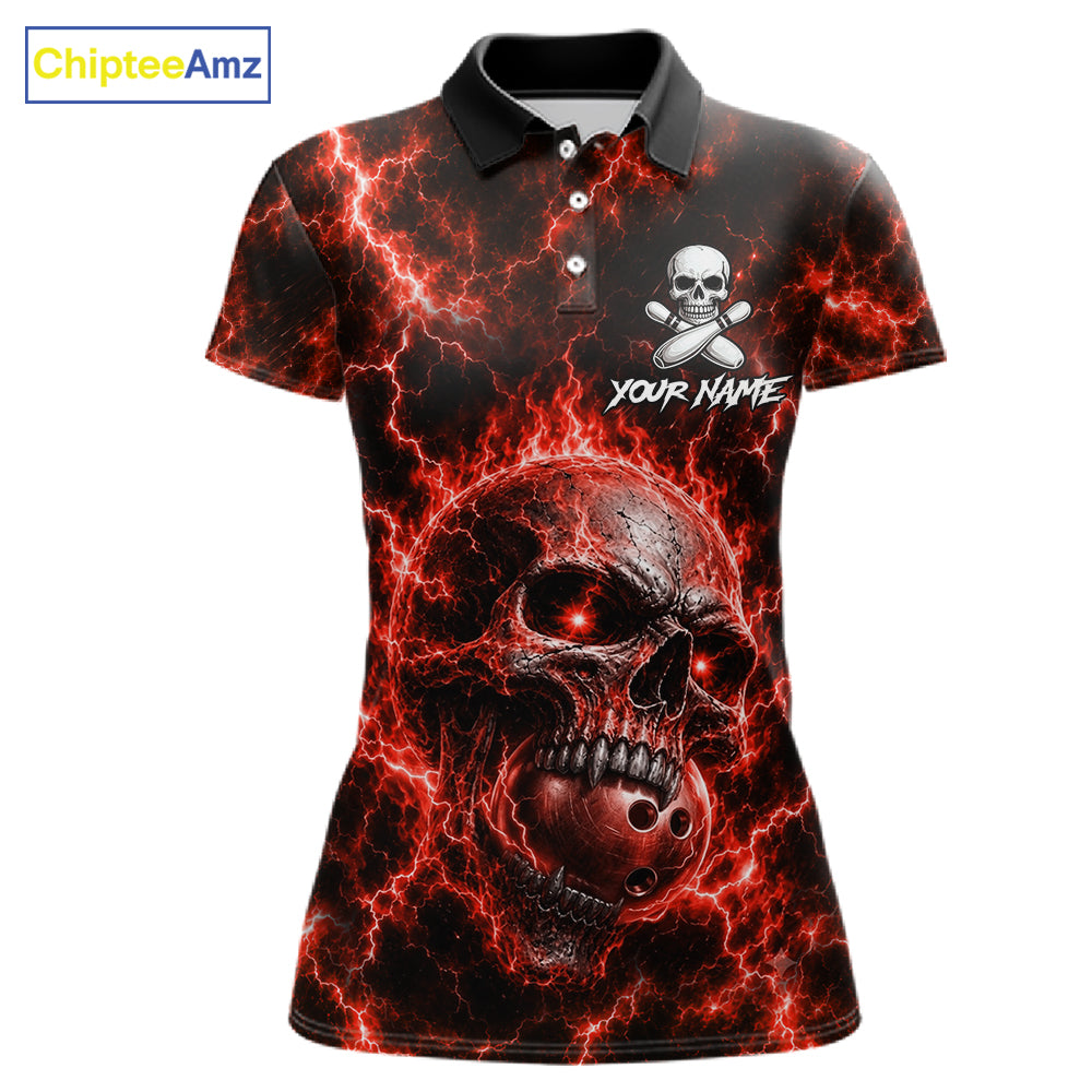 Womens Red Skull Bowling Shirts Custom Thunder Lightning Bowling Team Jerseys, Bowling Gifts NYN4172