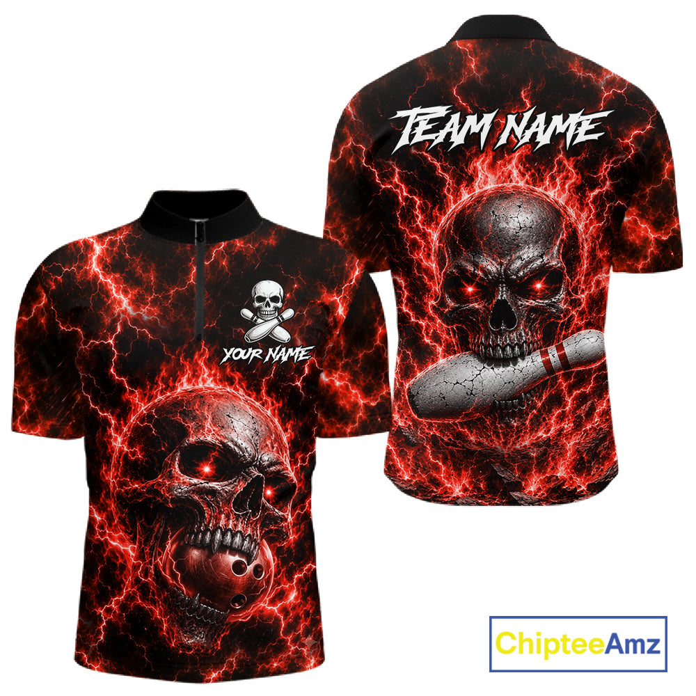 Mens Red Skull Bowling Shirts Custom Thunder Lightning Bowling Team Jerseys, Bowling Gifts NYN4172