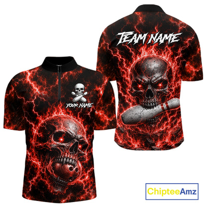 Mens Red Skull Bowling Shirts Custom Thunder Lightning Bowling Team Jerseys, Bowling Gifts NYN4172