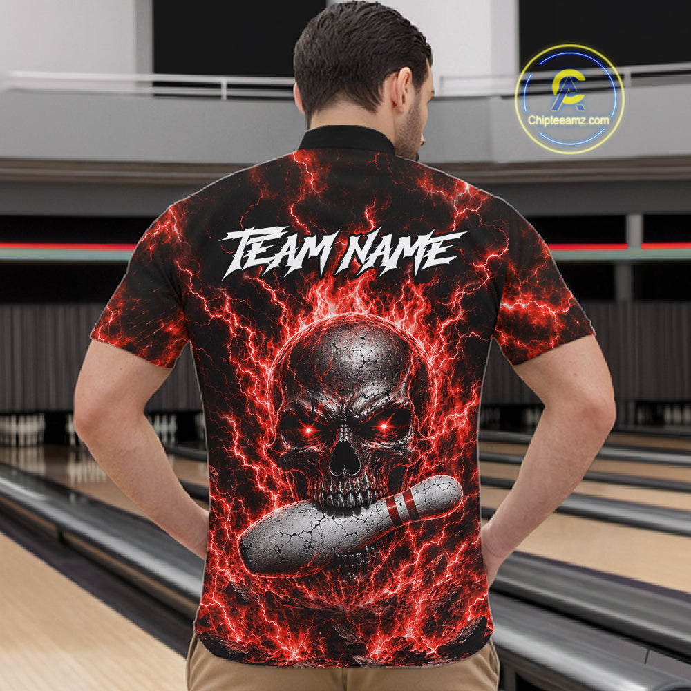 Mens Red Skull Bowling Shirts Custom Thunder Lightning Bowling Team Jerseys, Bowling Gifts NYN4172