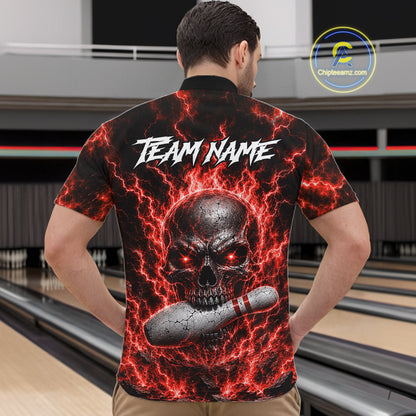 Mens Red Skull Bowling Shirts Custom Thunder Lightning Bowling Team Jerseys, Bowling Gifts NYN4172