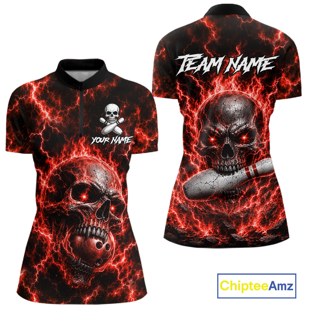 Womens Red Skull Bowling Shirts Custom Thunder Lightning Bowling Team Jerseys, Bowling Gifts NYN4172