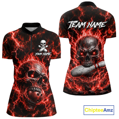 Womens Red Skull Bowling Shirts Custom Thunder Lightning Bowling Team Jerseys, Bowling Gifts NYN4172