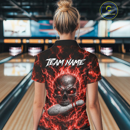 Womens Red Skull Bowling Shirts Custom Thunder Lightning Bowling Team Jerseys, Bowling Gifts NYN4172