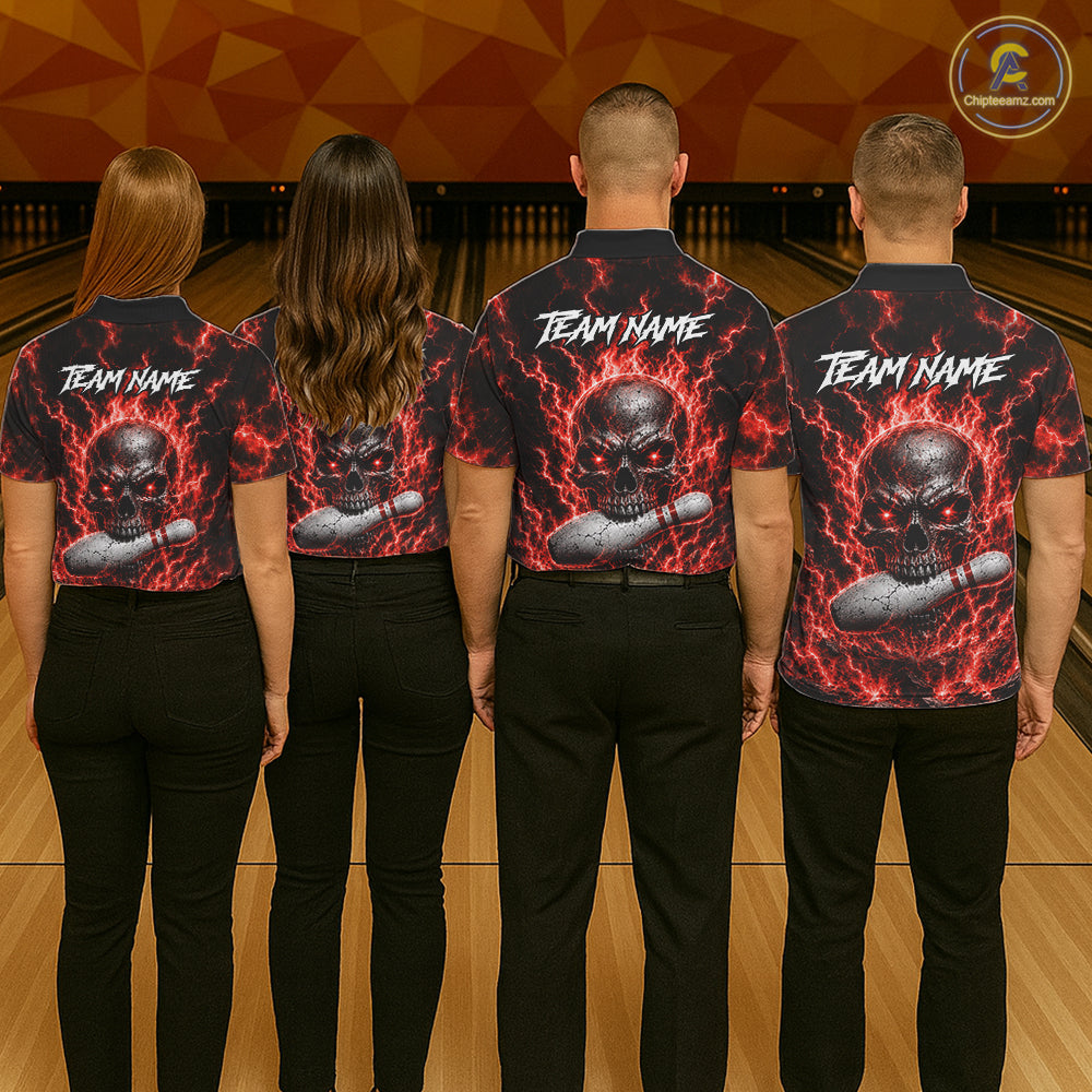Mens Red Skull Bowling Shirts Custom Thunder Lightning Bowling Team Jerseys, Bowling Gifts NYN4172