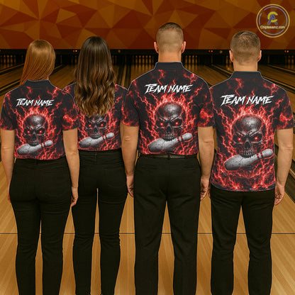 Mens Red Skull Bowling Shirts Custom Thunder Lightning Bowling Team Jerseys, Bowling Gifts NYN4172