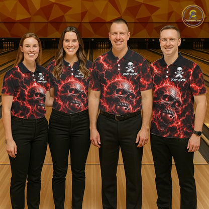 Mens Red Skull Bowling Shirts Custom Thunder Lightning Bowling Team Jerseys, Bowling Gifts NYN4172