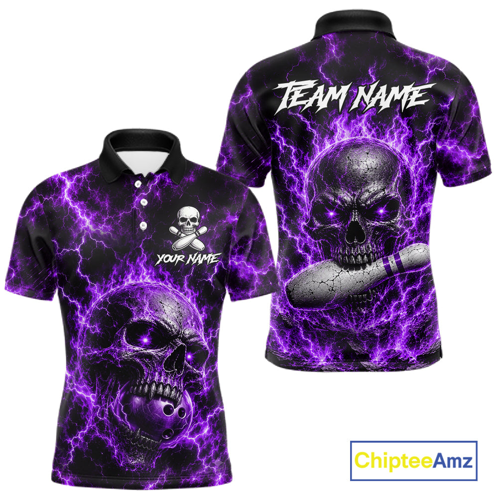 Mens Purple Skull Bowling Shirts Custom Thunder Lightning Bowling Team Jerseys, Bowling Gifts NYN4173