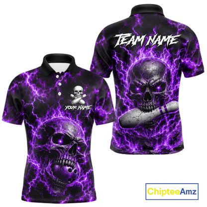 Mens Purple Skull Bowling Shirts Custom Thunder Lightning Bowling Team Jerseys, Bowling Gifts NYN4173