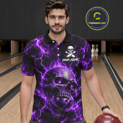 Mens Purple Skull Bowling Shirts Custom Thunder Lightning Bowling Team Jerseys, Bowling Gifts NYN4173