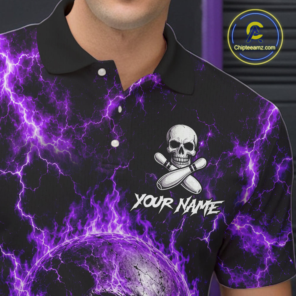 Mens Purple Skull Bowling Shirts Custom Thunder Lightning Bowling Team Jerseys, Bowling Gifts NYN4173