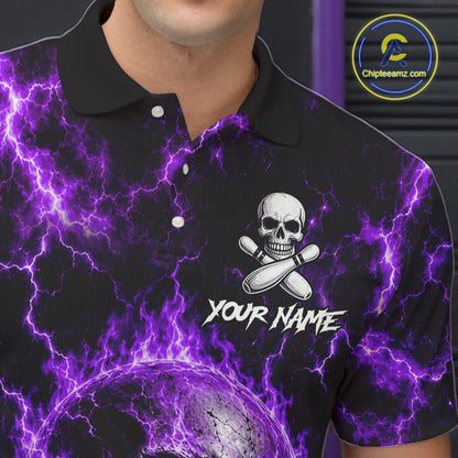 Mens Purple Skull Bowling Shirts Custom Thunder Lightning Bowling Team Jerseys, Bowling Gifts NYN4173