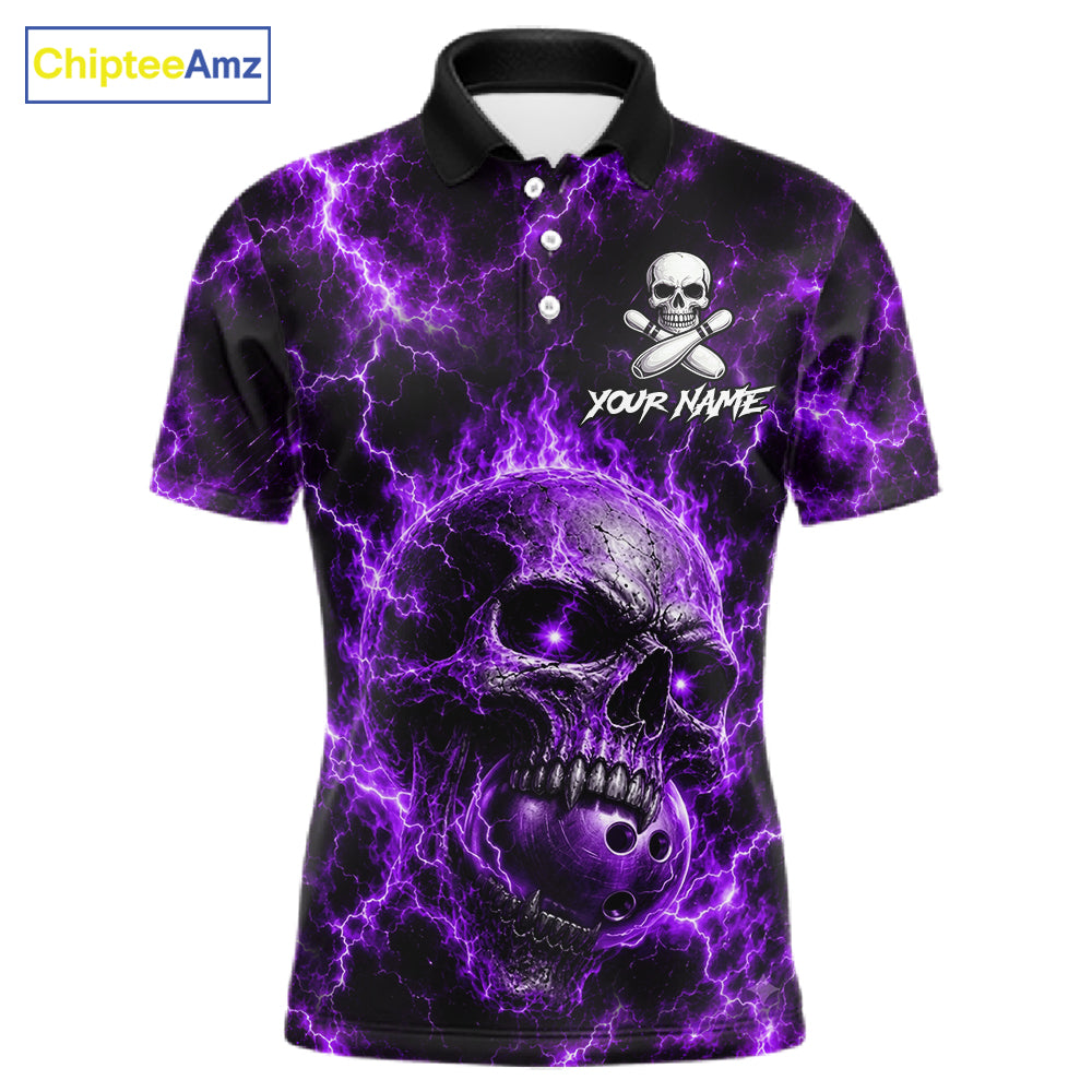 Mens Purple Skull Bowling Shirts Custom Thunder Lightning Bowling Team Jerseys, Bowling Gifts NYN4173