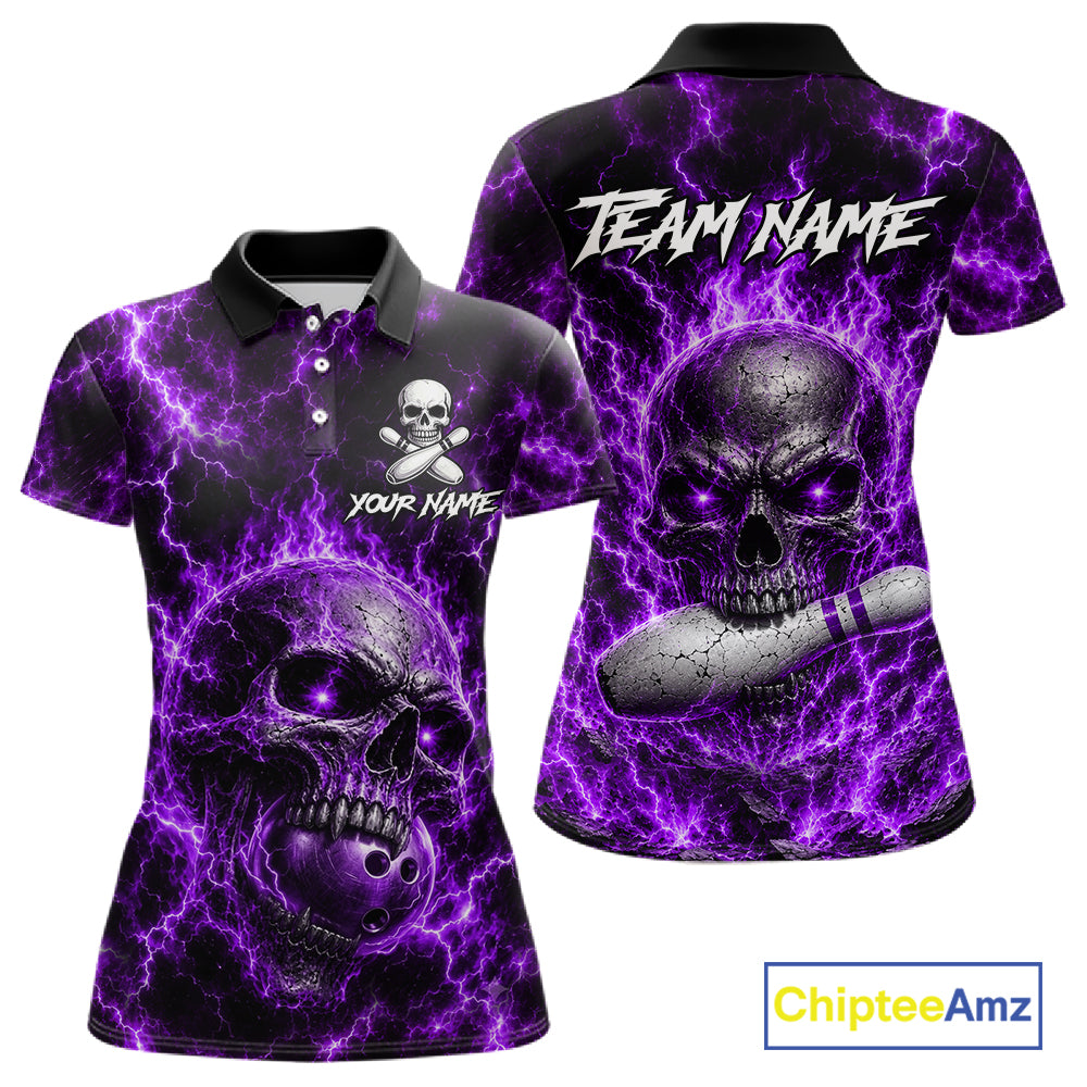 Womens Purple Skull Bowling Shirts Custom Thunder Lightning Bowling Team Jerseys, Bowling Gifts NYN4173