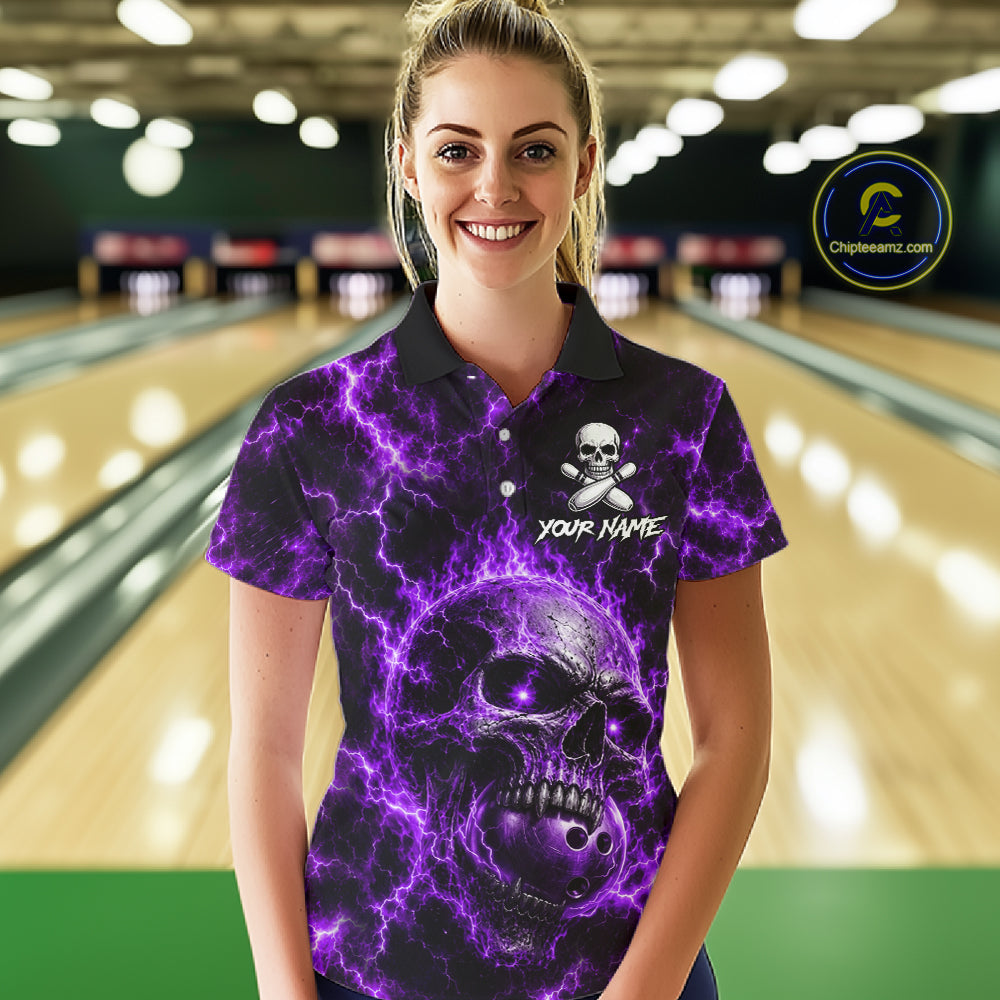 Womens Purple Skull Bowling Shirts Custom Thunder Lightning Bowling Team Jerseys, Bowling Gifts NYN4173