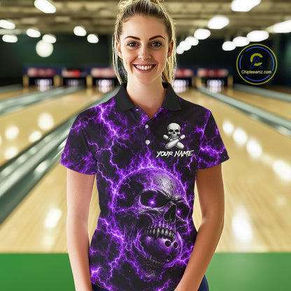 Womens Purple Skull Bowling Shirts Custom Thunder Lightning Bowling Team Jerseys, Bowling Gifts NYN4173