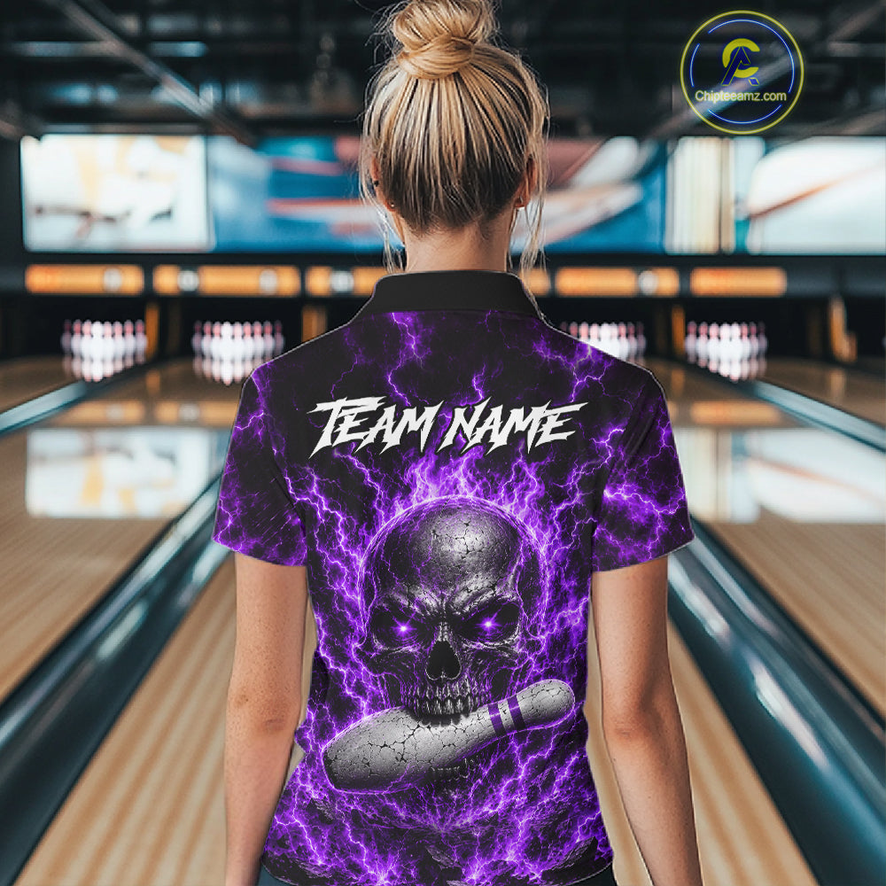 Womens Purple Skull Bowling Shirts Custom Thunder Lightning Bowling Team Jerseys, Bowling Gifts NYN4173