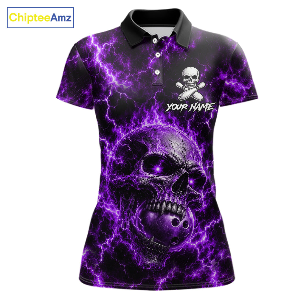 Womens Purple Skull Bowling Shirts Custom Thunder Lightning Bowling Team Jerseys, Bowling Gifts NYN4173
