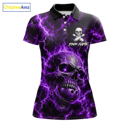 Womens Purple Skull Bowling Shirts Custom Thunder Lightning Bowling Team Jerseys, Bowling Gifts NYN4173
