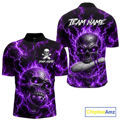 Mens Purple Skull Bowling Shirts Custom Thunder Lightning Bowling Team Jerseys, Bowling Gifts NYN4173