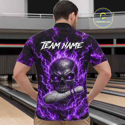 Mens Purple Skull Bowling Shirts Custom Thunder Lightning Bowling Team Jerseys, Bowling Gifts NYN4173