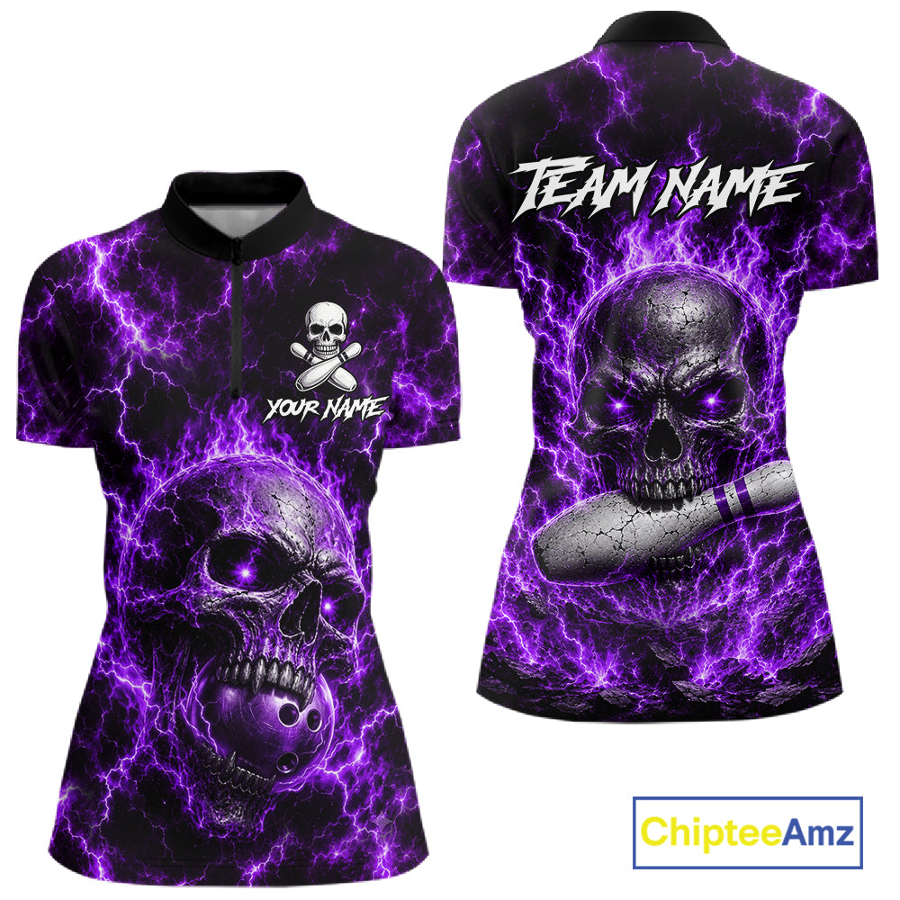 Womens Purple Skull Bowling Shirts Custom Thunder Lightning Bowling Team Jerseys, Bowling Gifts NYN4173