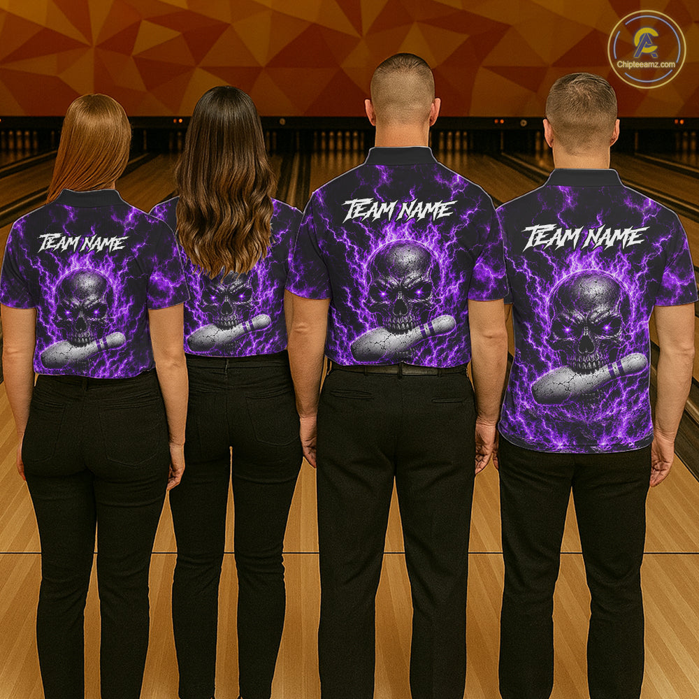 Mens Purple Skull Bowling Shirts Custom Thunder Lightning Bowling Team Jerseys, Bowling Gifts NYN4173
