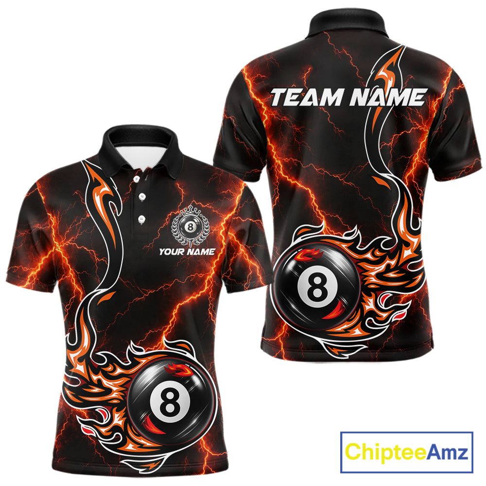 Personalized Orange Thunder Billiard Polo 1/4-Zip Shirt Men Custom 8 Ball Fire Flame Billiard Jersey NYN4580