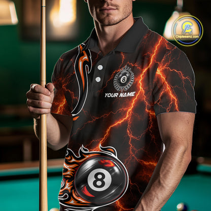 Personalized Orange Thunder Billiard Polo 1/4-Zip Shirt Men Custom 8 Ball Fire Flame Billiard Jersey NYN4580