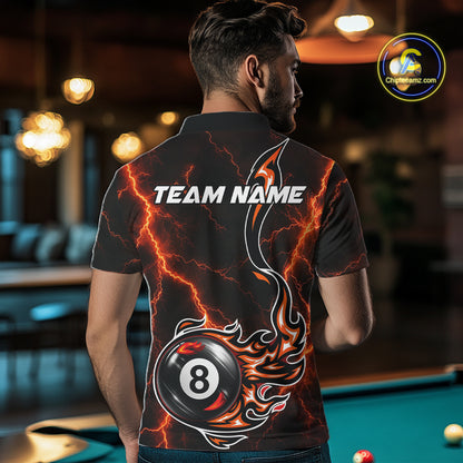 Personalized Orange Thunder Billiard Polo 1/4-Zip Shirt Men Custom 8 Ball Fire Flame Billiard Jersey NYN4580