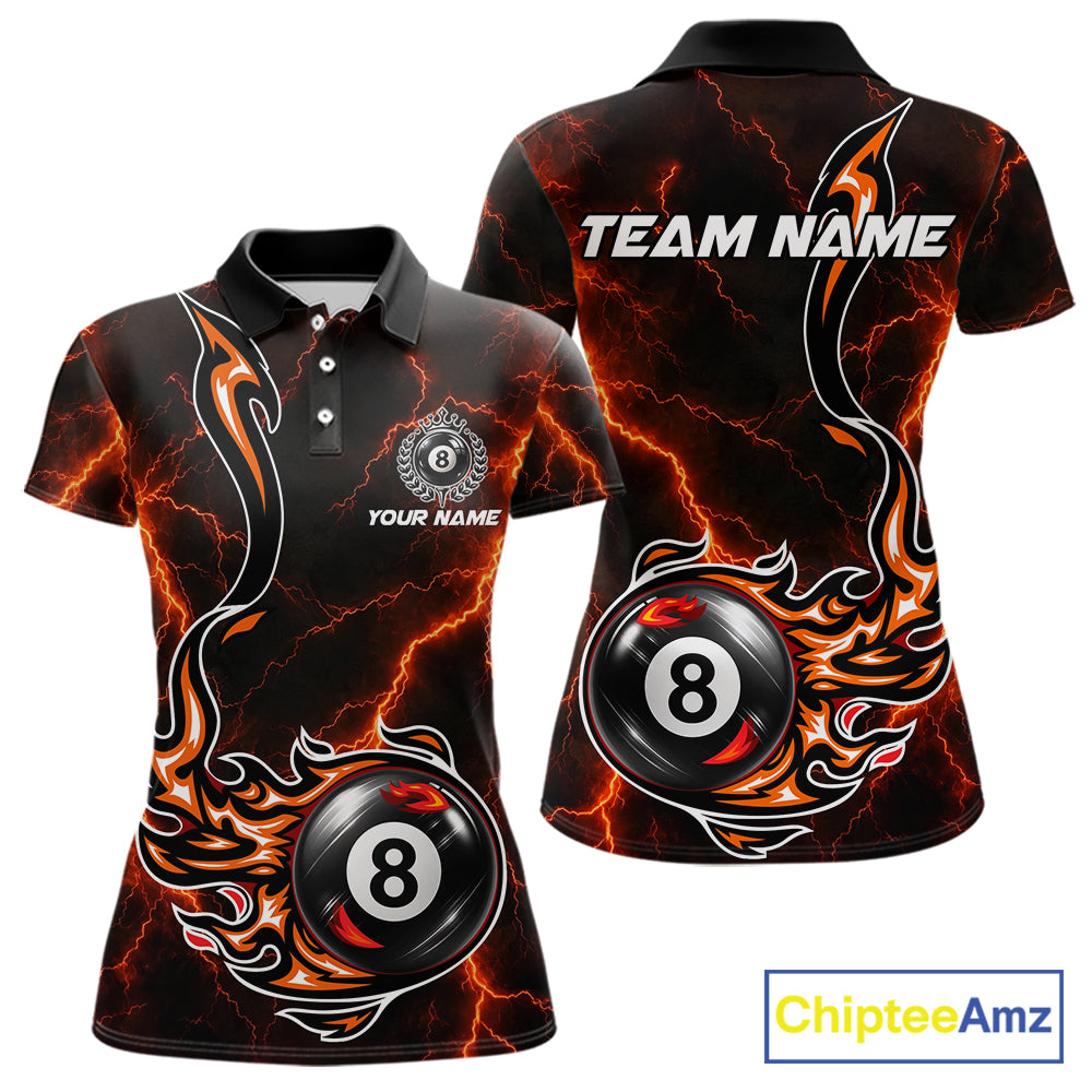 Personalized Orange Thunder Billiard Polo 1/4-Zip Shirt Women Custom 8 Ball Fire Flame Billiard Jersey NYN4580