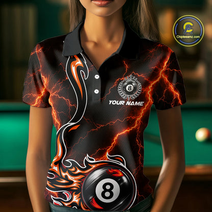 Personalized Orange Thunder Billiard Polo 1/4-Zip Shirt Women Custom 8 Ball Fire Flame Billiard Jersey NYN4580