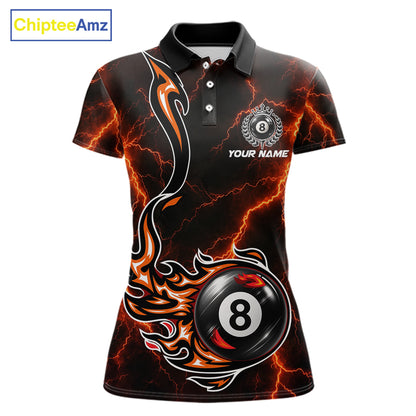 Personalized Orange Thunder Billiard Polo 1/4-Zip Shirt Women Custom 8 Ball Fire Flame Billiard Jersey NYN4580