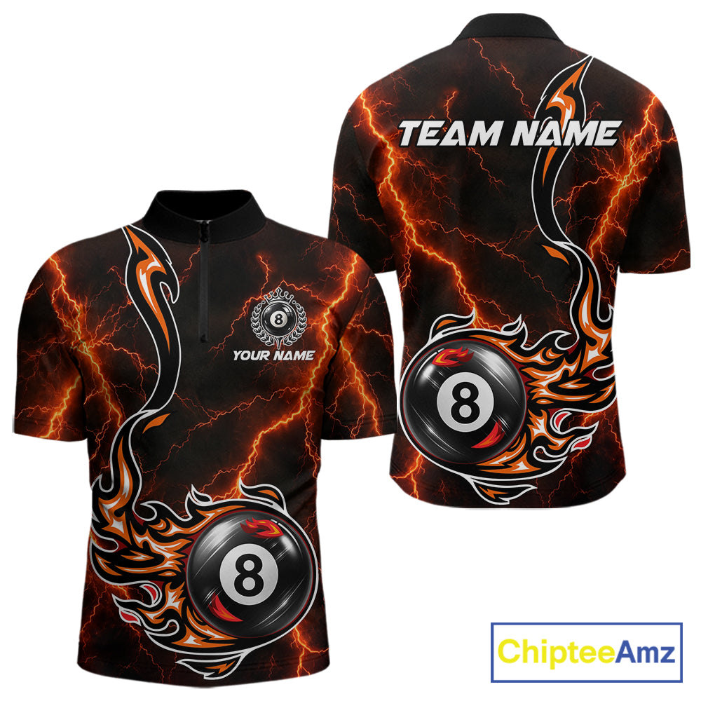 Personalized Orange Thunder Billiard Polo 1/4-Zip Shirt Men Custom 8 Ball Fire Flame Billiard Jersey NYN4580
