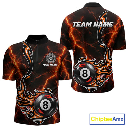 Personalized Orange Thunder Billiard Polo 1/4-Zip Shirt Men Custom 8 Ball Fire Flame Billiard Jersey NYN4580
