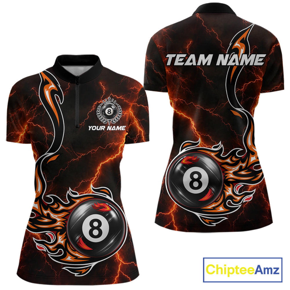 Personalized Orange Thunder Billiard Polo 1/4-Zip Shirt Women Custom 8 Ball Fire Flame Billiard Jersey NYN4580