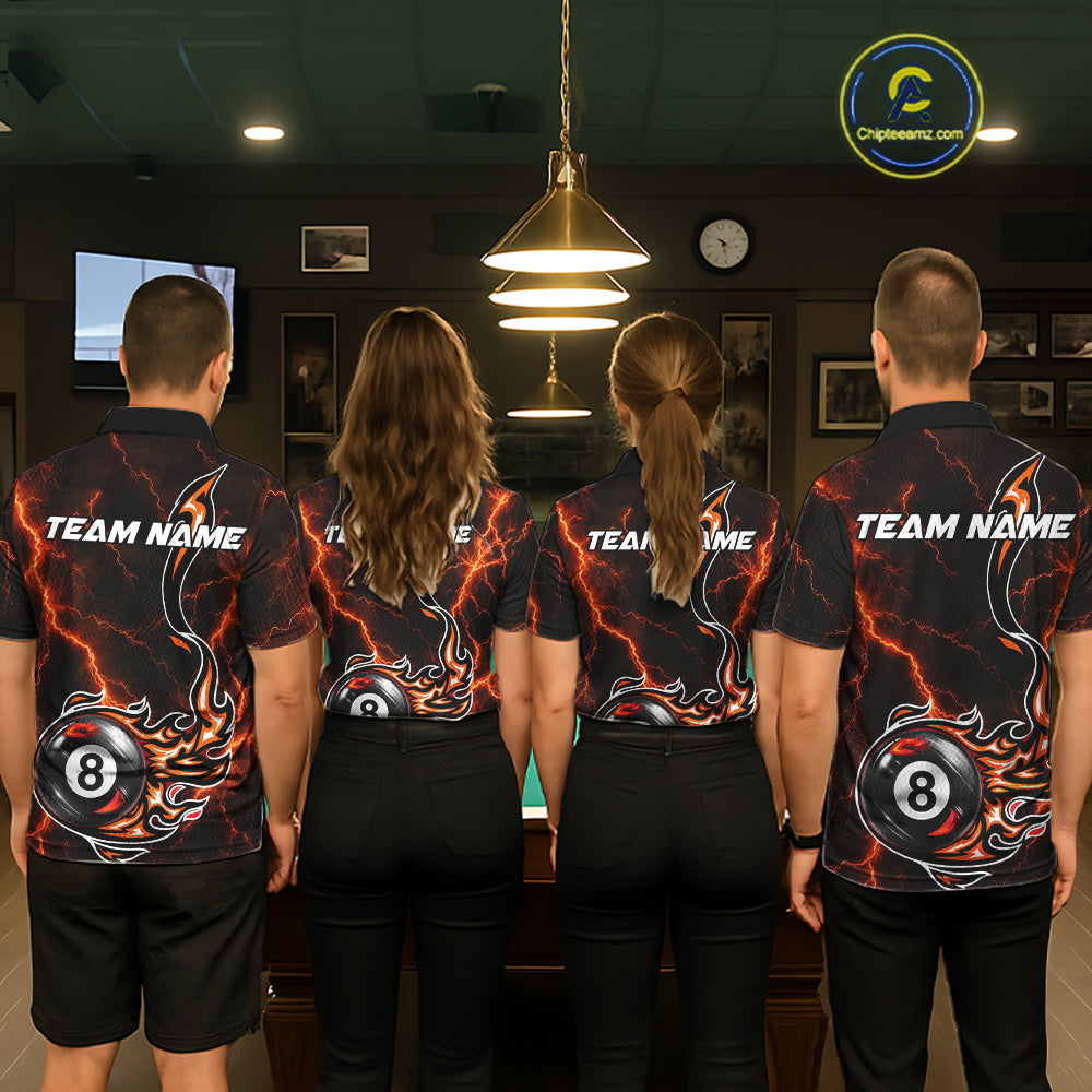 Personalized Orange Thunder Billiard Polo 1/4-Zip Shirt Men Custom 8 Ball Fire Flame Billiard Jersey NYN4580