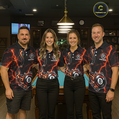 Personalized Orange Thunder Billiard Polo 1/4-Zip Shirt Men Custom 8 Ball Fire Flame Billiard Jersey NYN4580