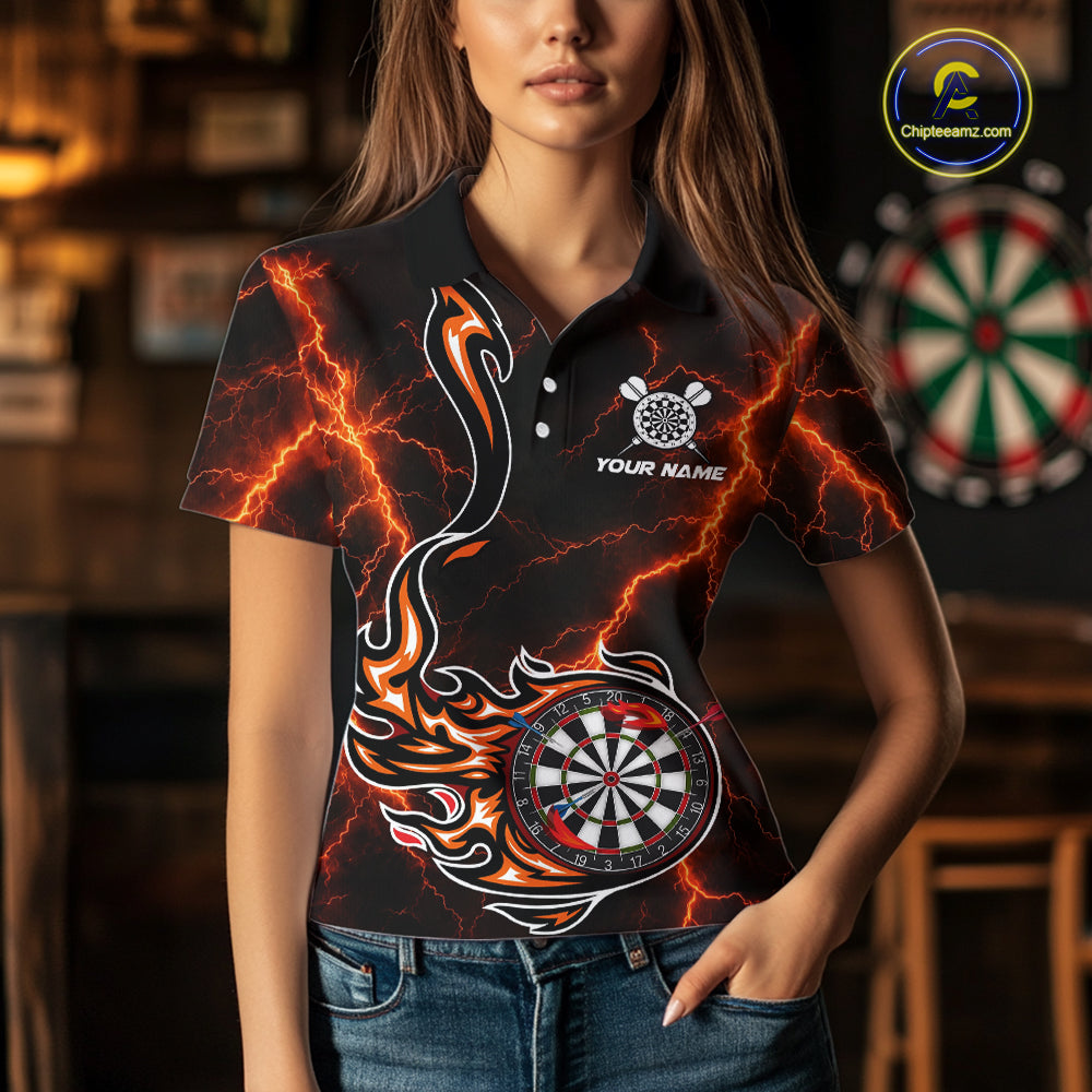 Personalized Orange Thunder Darts Polo 1/4-Zip Shirt Women Custom Dartboard Fire Flame Darts Jersey NYN4581