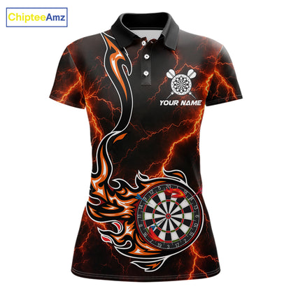 Personalized Orange Thunder Darts Polo 1/4-Zip Shirt Women Custom Dartboard Fire Flame Darts Jersey NYN4581