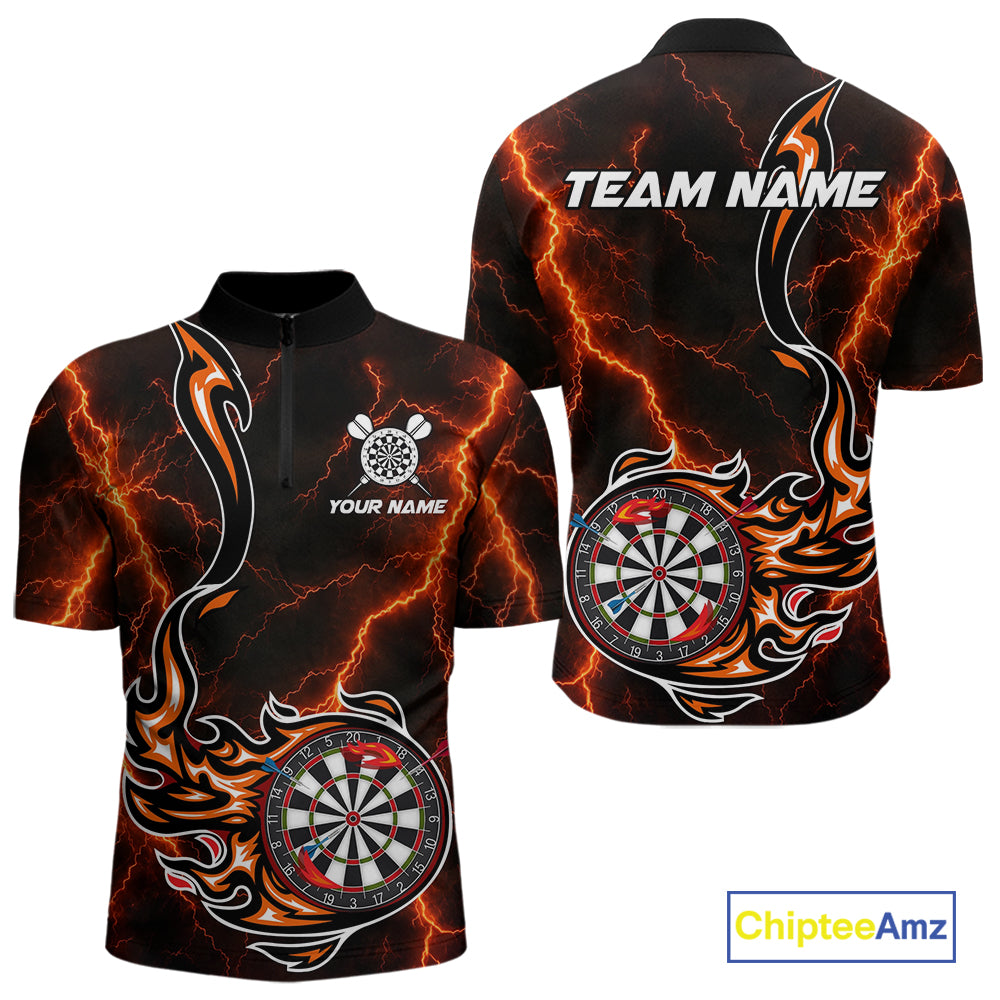 Personalized Orange Thunder Darts Polo 1/4-Zip Shirt Men Custom Dartboard Fire Flame Darts Jersey NYN4581