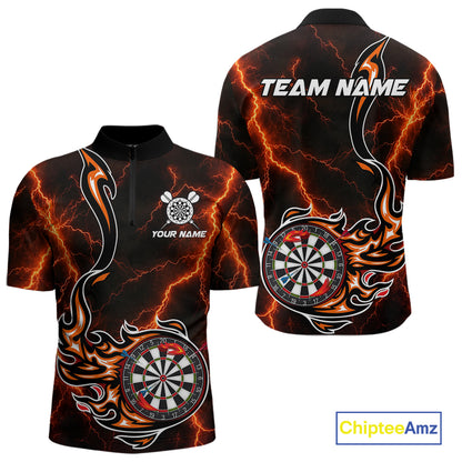 Personalized Orange Thunder Darts Polo 1/4-Zip Shirt Men Custom Dartboard Fire Flame Darts Jersey NYN4581