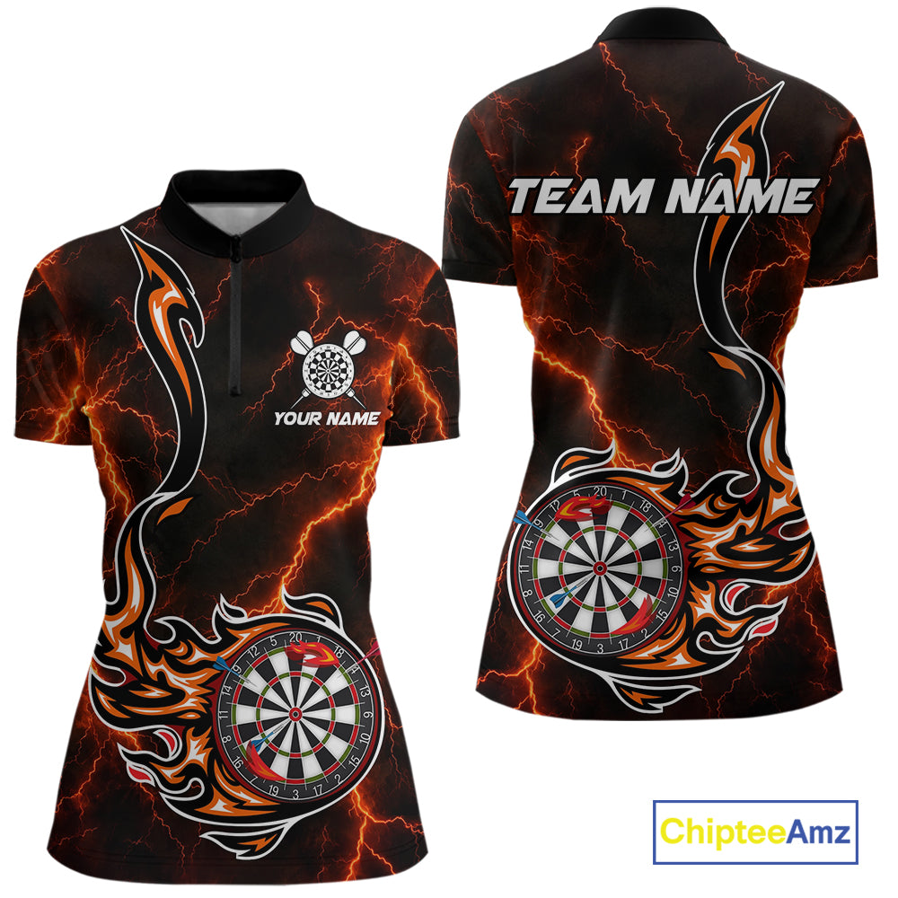 Personalized Orange Thunder Darts Polo 1/4-Zip Shirt Women Custom Dartboard Fire Flame Darts Jersey NYN4581