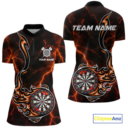 Personalized Orange Thunder Darts Polo 1/4-Zip Shirt Women Custom Dartboard Fire Flame Darts Jersey NYN4581